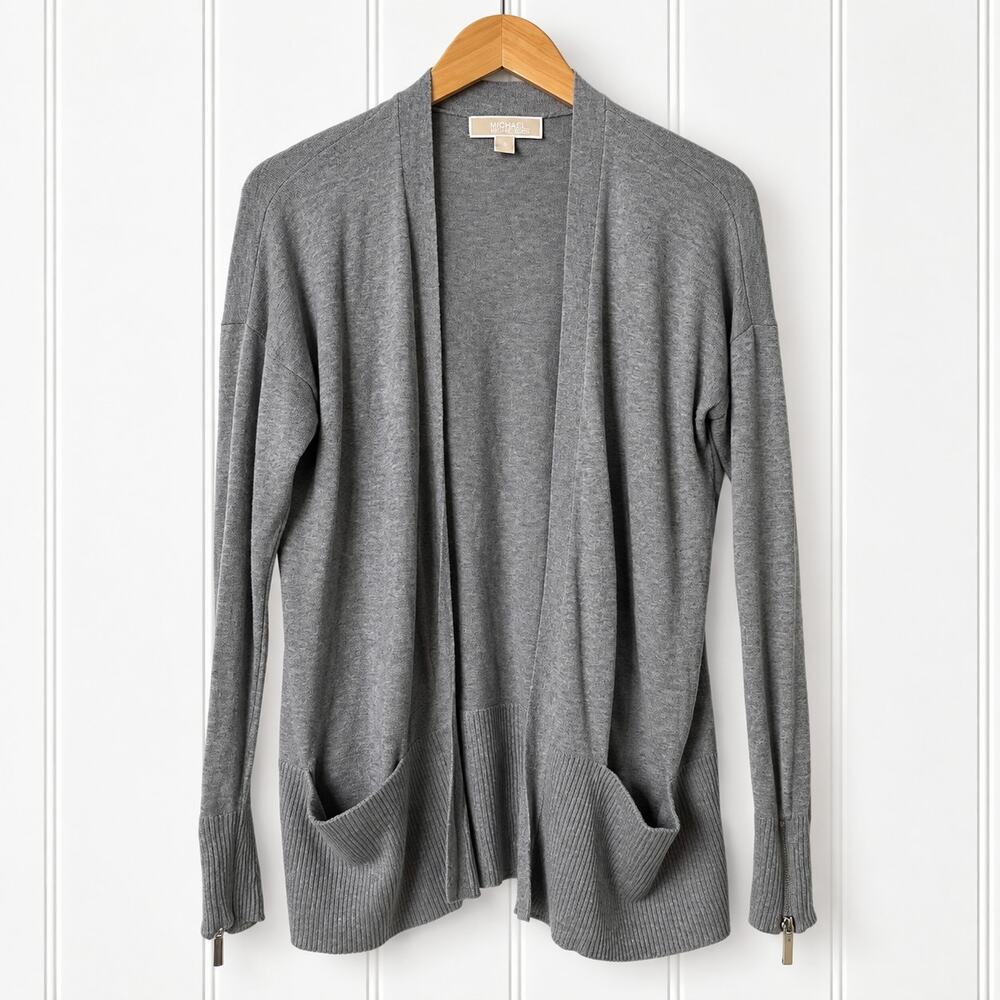 Michael Kors Cardigan Womens M Gray Open Front Lightweight Zip Pockets